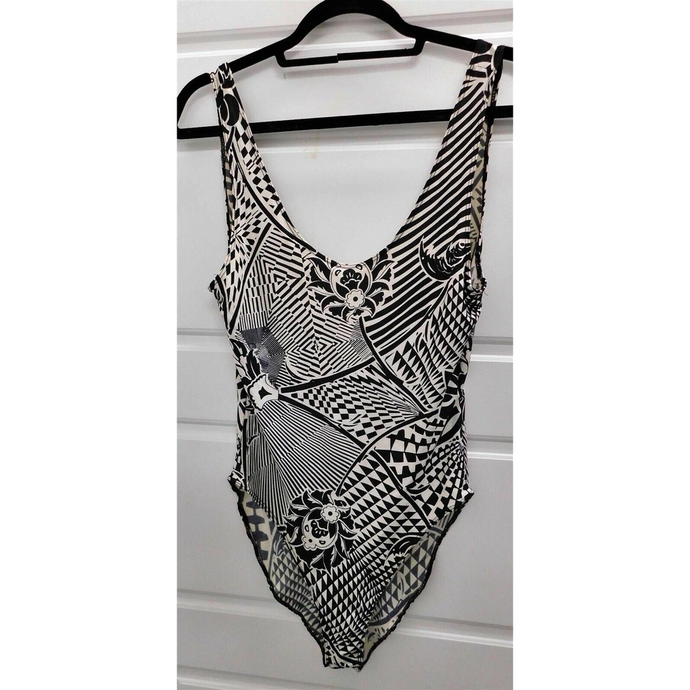 Versus Versace Vintage Black White Mod Flower Print Bathing Suit sz‎ 12